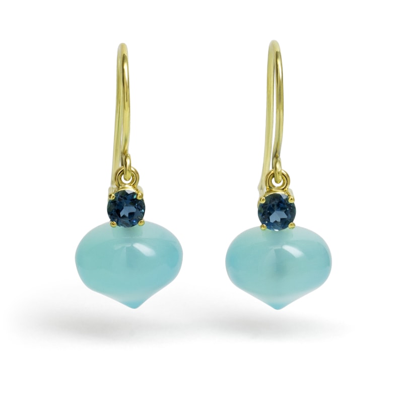 Yellow gold earrings with chalcedony and blue topaz